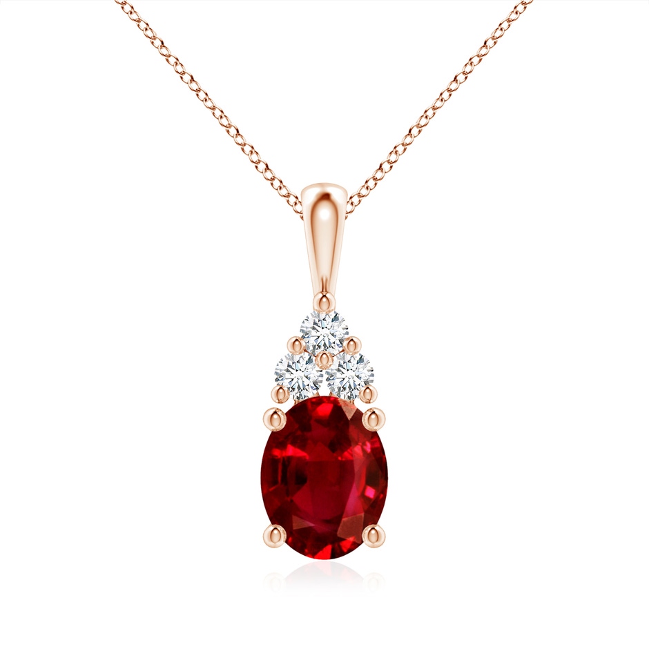 9x7mm AAAA Oval Ruby Solitaire Pendant with Trio Diamond in Rose Gold 