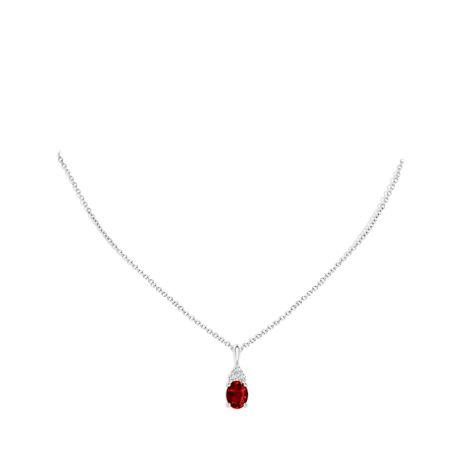 9x7mm AAAA Oval Ruby Solitaire Pendant with Trio Diamond in White Gold pen