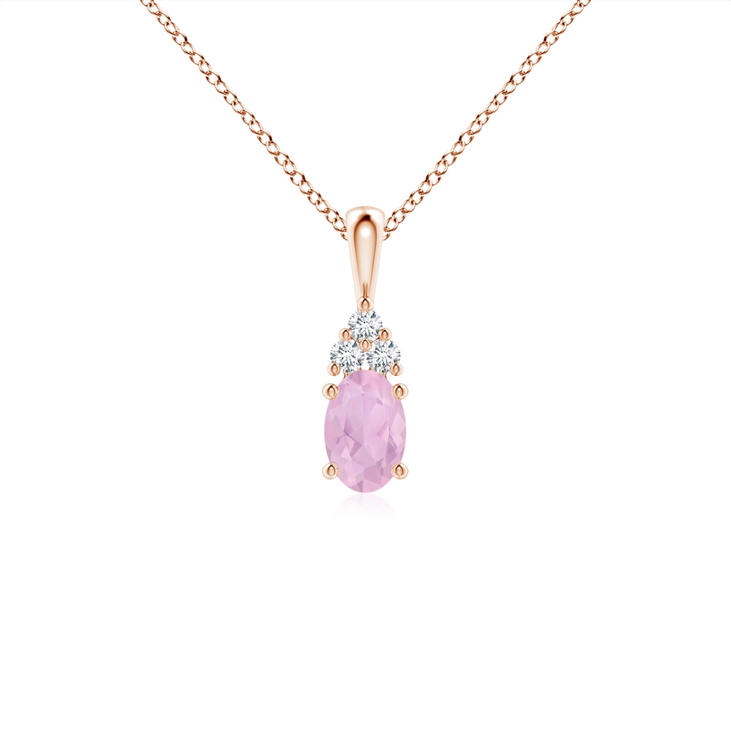 6x4mm AAAA Oval Rose Quartz Solitaire Pendant with Trio Diamond in Rose Gold