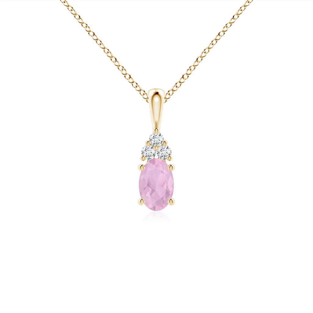 6x4mm AAAA Oval Rose Quartz Solitaire Pendant with Trio Diamond in Yellow Gold