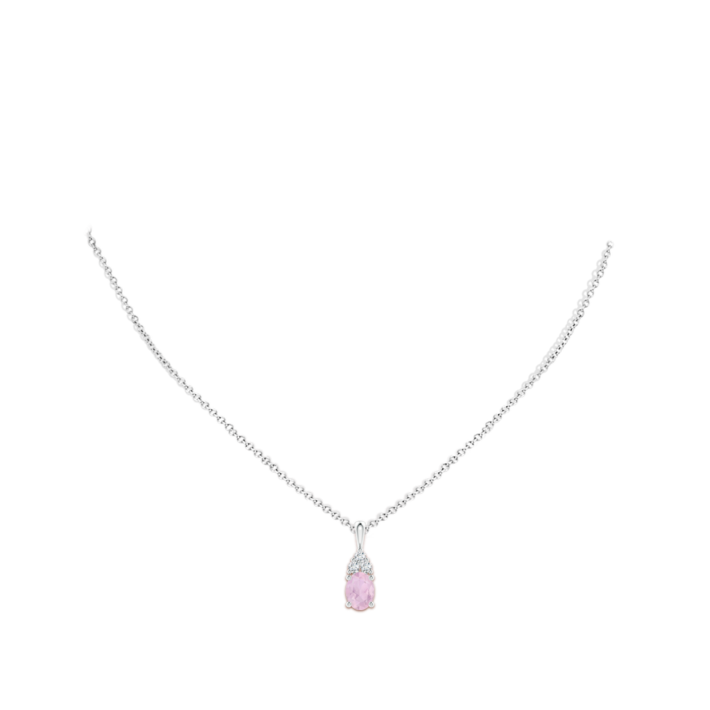 8x6mm AAA Oval Rose Quartz Solitaire Pendant with Trio Diamond in White Gold Body-Neck