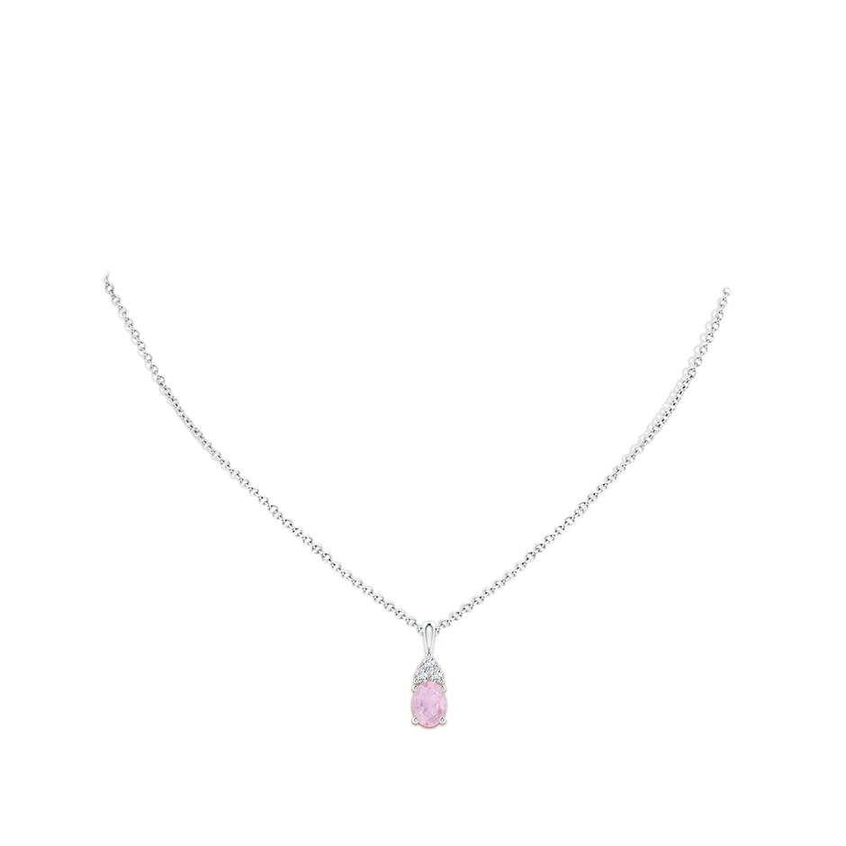 8x6mm AAA Oval Rose Quartz Solitaire Pendant with Trio Diamond in White Gold body-neck