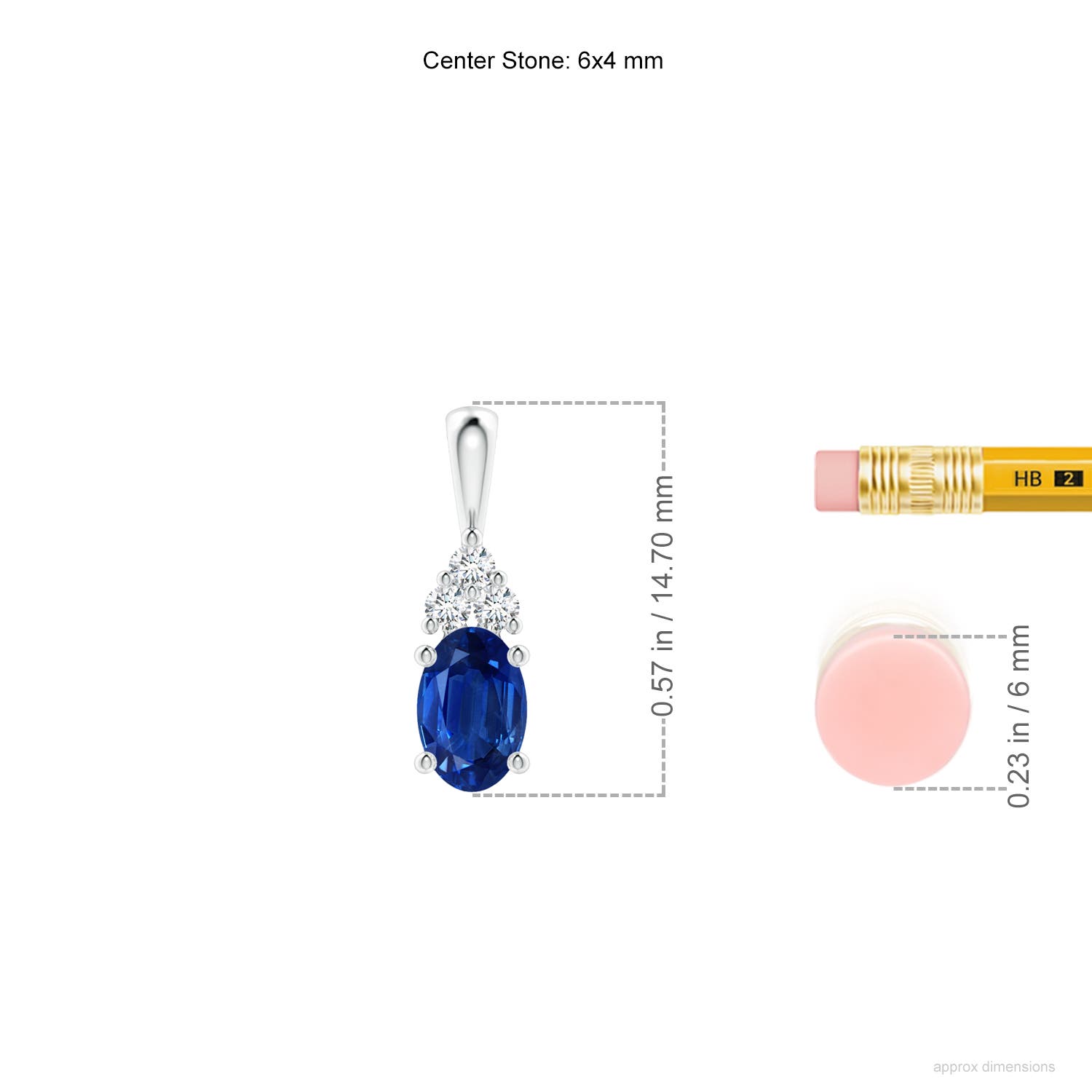 6x4mm AAA Oval Sapphire Solitaire Pendant with Trio Diamond in White Gold - ruler
