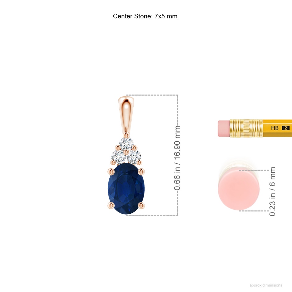 7x5mm AA Oval Sapphire Solitaire Pendant with Trio Diamond in Rose Gold ruler