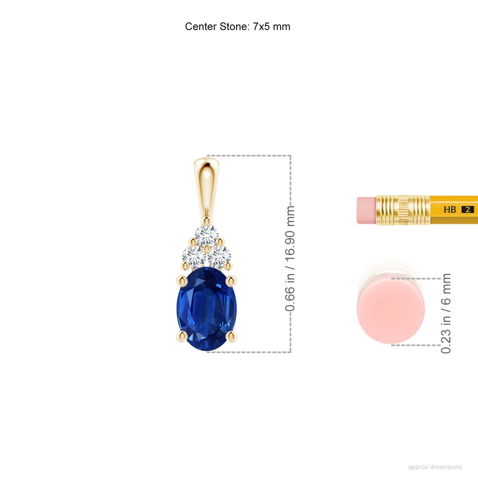7x5mm AAA Oval Sapphire Solitaire Pendant with Trio Diamond in Yellow Gold ruler