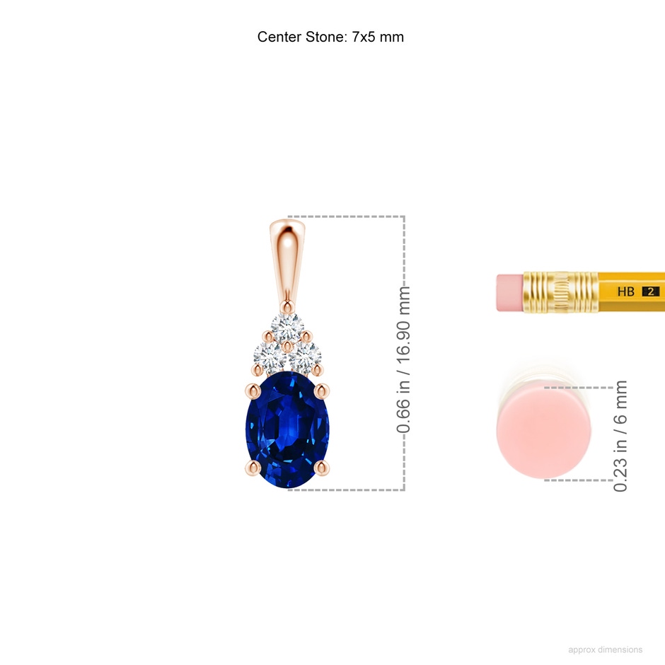 7x5mm AAAA Oval Sapphire Solitaire Pendant with Trio Diamond in Rose Gold ruler