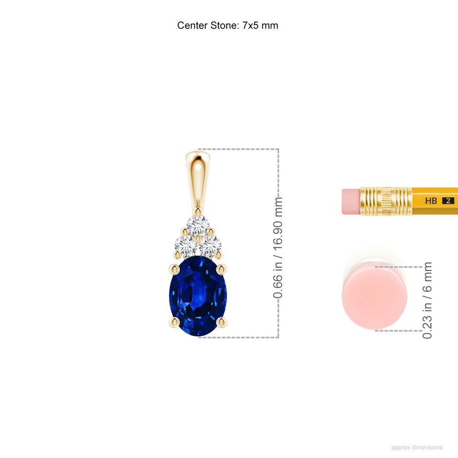 7x5mm AAAA Oval Sapphire Solitaire Pendant with Trio Diamond in Yellow Gold ruler