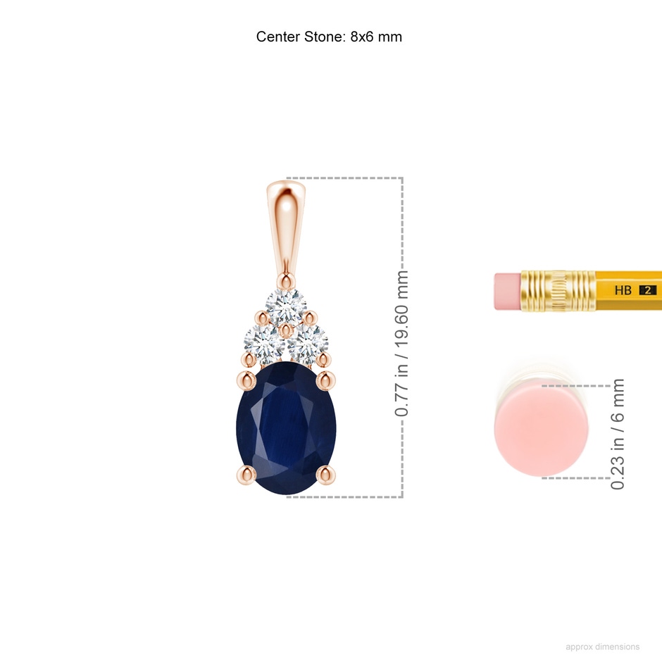 8x6mm A Oval Sapphire Solitaire Pendant with Trio Diamond in Rose Gold ruler