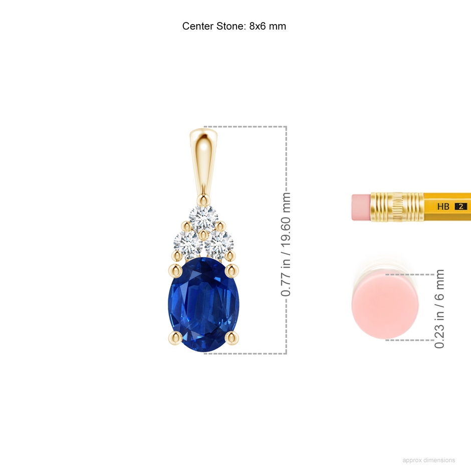 8x6mm AAA Oval Sapphire Solitaire Pendant with Trio Diamond in Yellow Gold ruler
