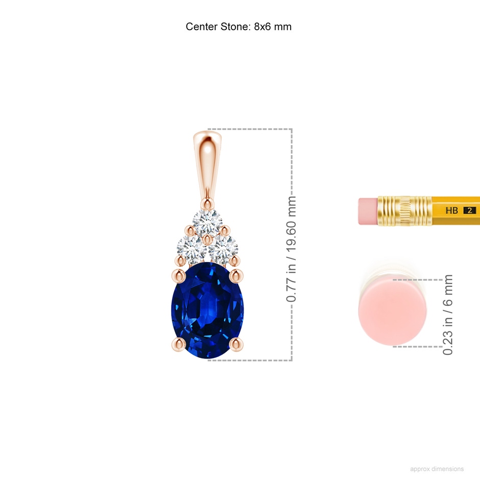 8x6mm AAAA Oval Sapphire Solitaire Pendant with Trio Diamond in Rose Gold ruler
