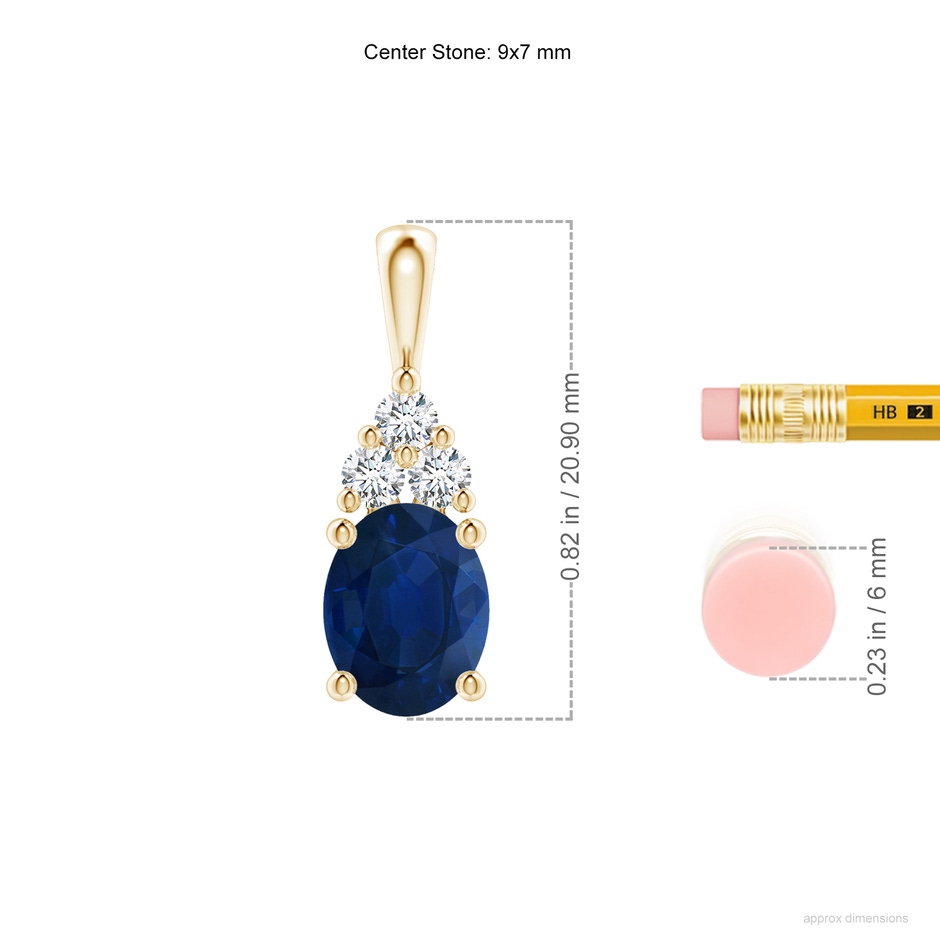 9x7mm AA Oval Sapphire Solitaire Pendant with Trio Diamond in Yellow Gold ruler