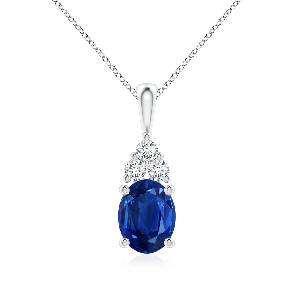 9x7mm AAA Oval Sapphire Solitaire Pendant with Trio Diamond in White Gold 