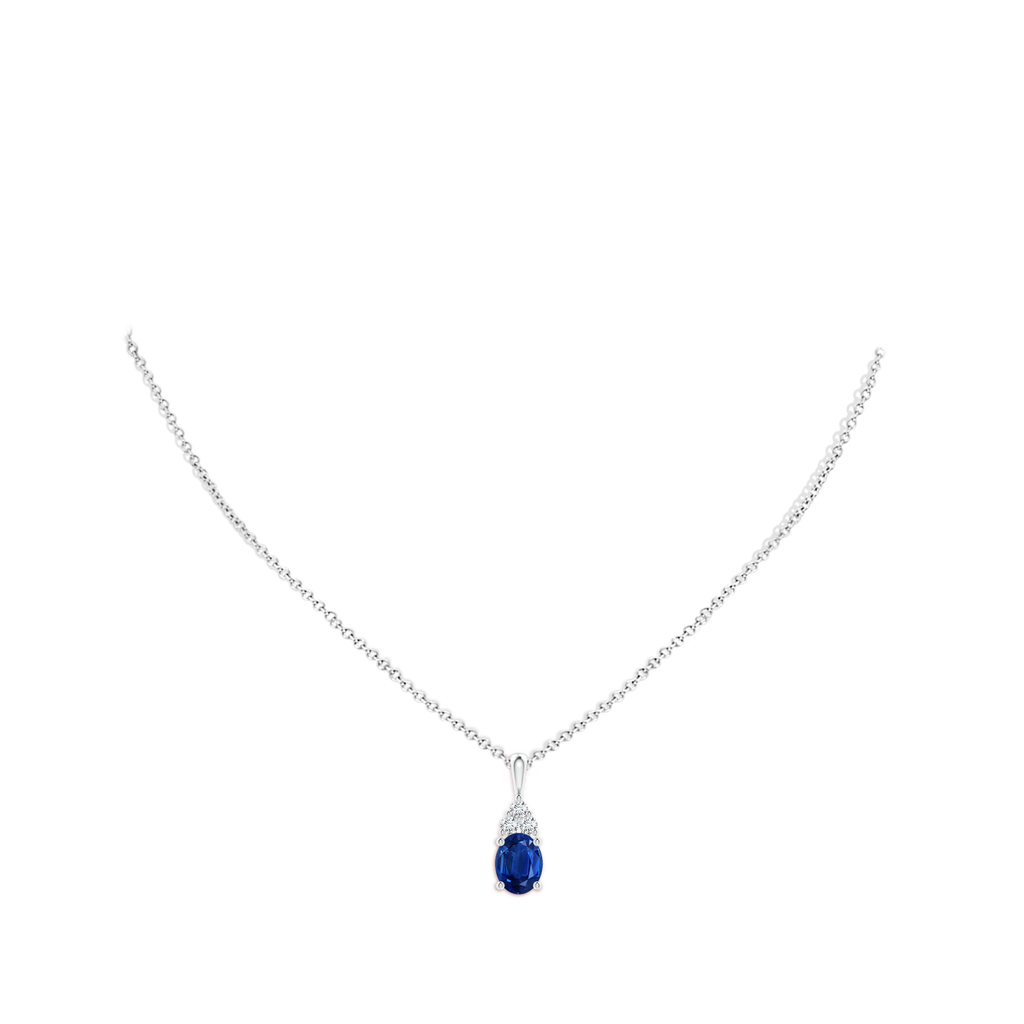 9x7mm AAA Oval Sapphire Solitaire Pendant with Trio Diamond in White Gold pen