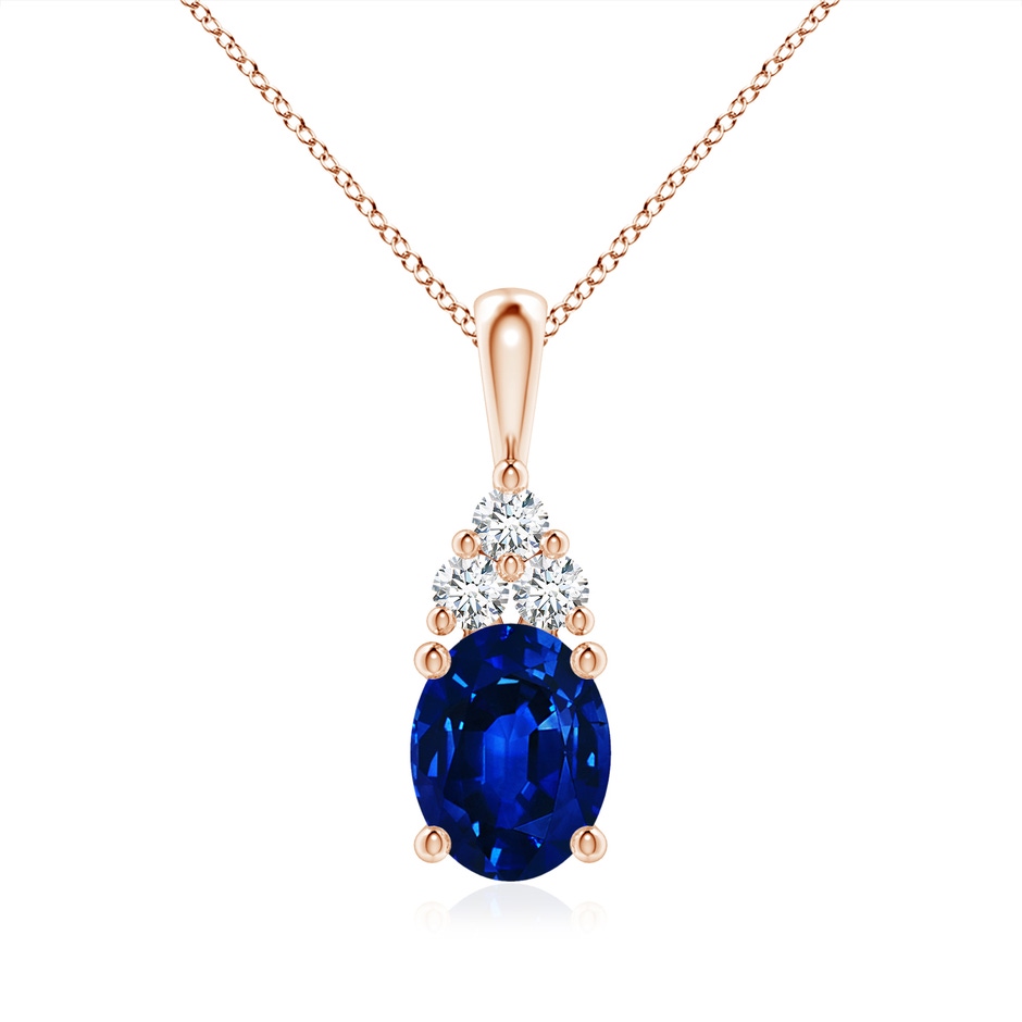 9x7mm AAAA Oval Sapphire Solitaire Pendant with Trio Diamond in Rose Gold 