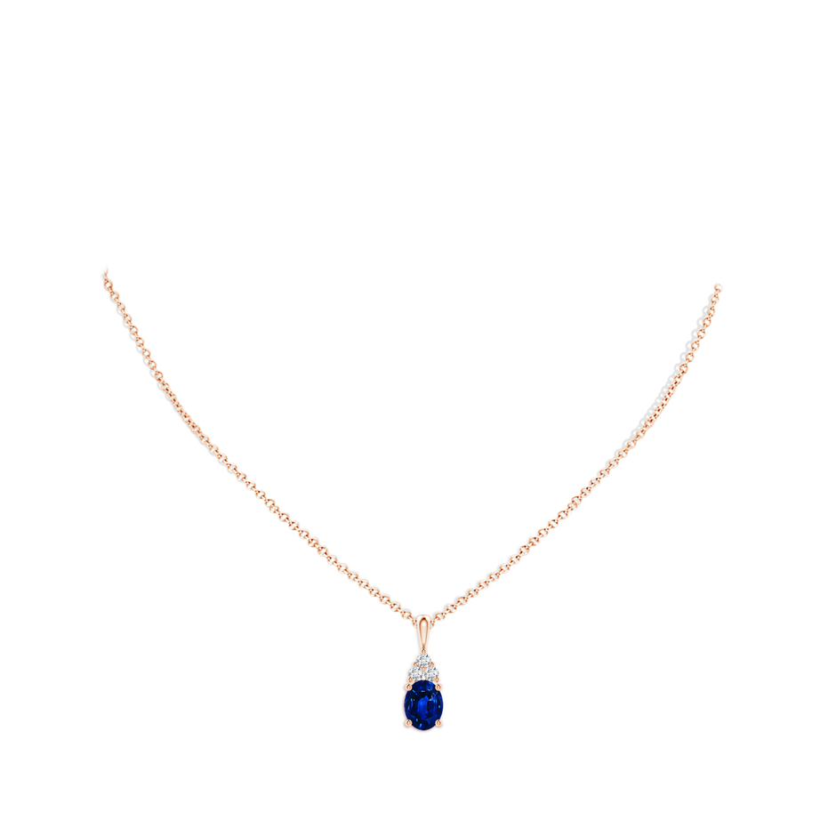 9x7mm AAAA Oval Sapphire Solitaire Pendant with Trio Diamond in Rose Gold pen