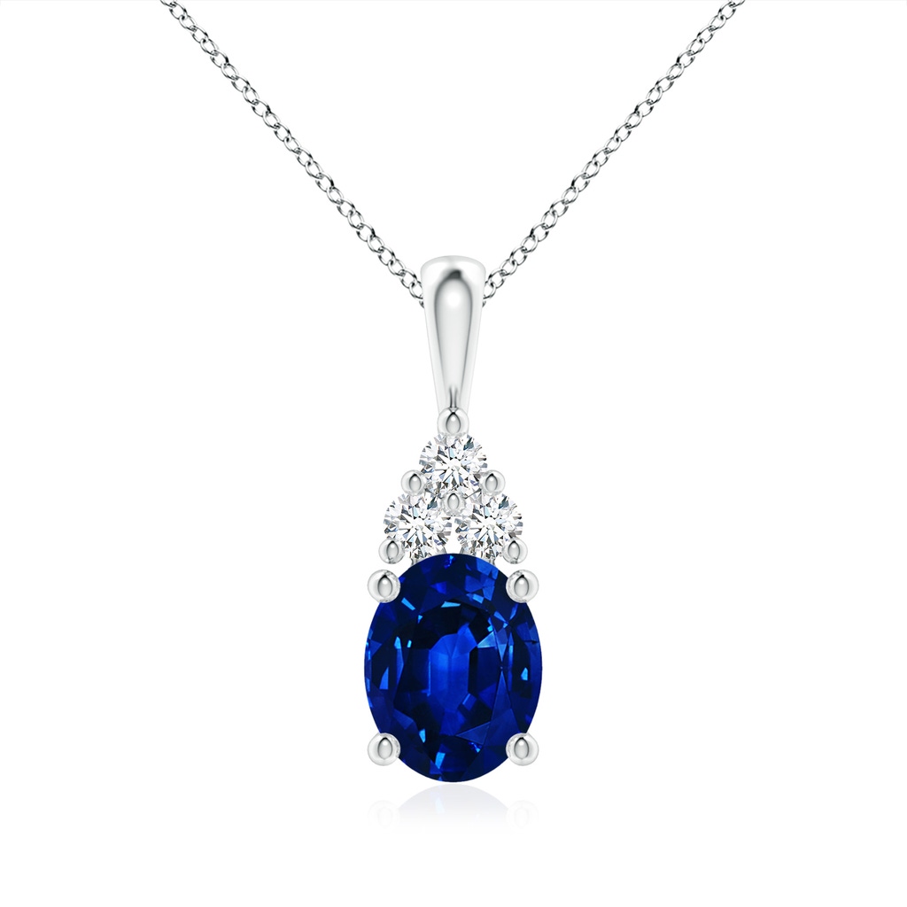 9x7mm Lab-Grown Oval Sapphire Solitaire Pendant with Trio Diamond in White Gold