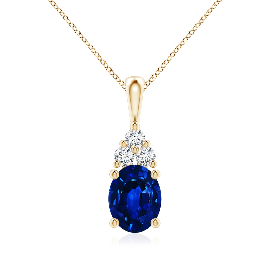 9x7mm Lab-Grown Oval Sapphire Solitaire Pendant with Trio Diamond in Yellow Gold