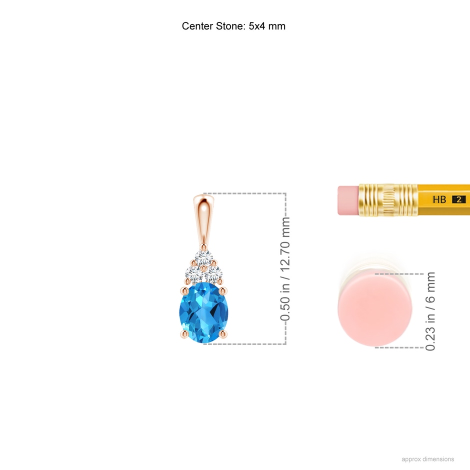 5x4mm AAAA Oval Swiss Blue Topaz Solitaire Pendant with Trio Diamond in Rose Gold ruler