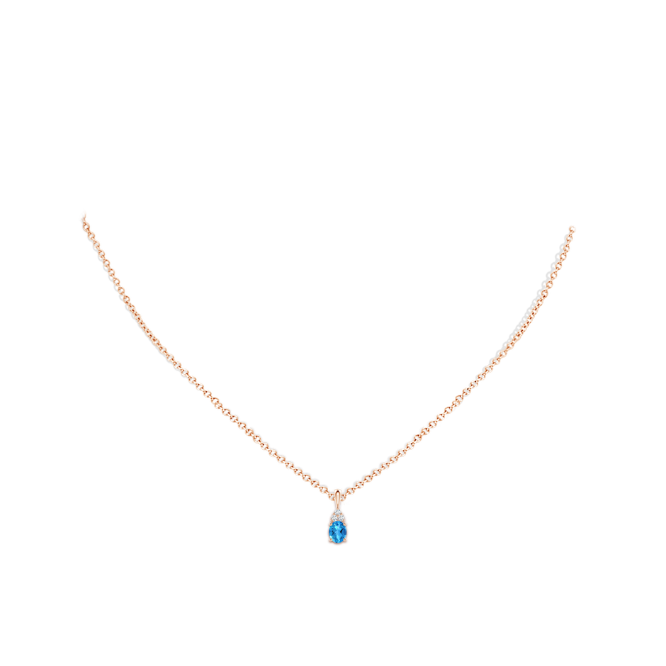 5x4mm AAAA Oval Swiss Blue Topaz Solitaire Pendant with Trio Diamond in Rose Gold body-neck