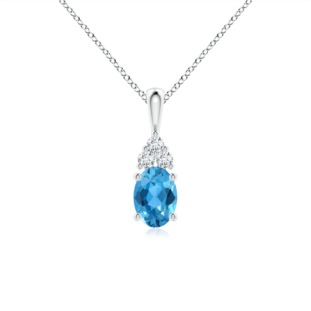 7x5mm AAA Oval Swiss Blue Topaz Solitaire Pendant with Trio Diamond in White Gold