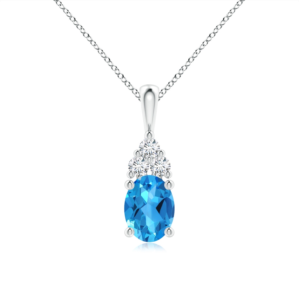 8x6mm AAAA Oval Swiss Blue Topaz Solitaire Pendant with Trio Diamond in White Gold
