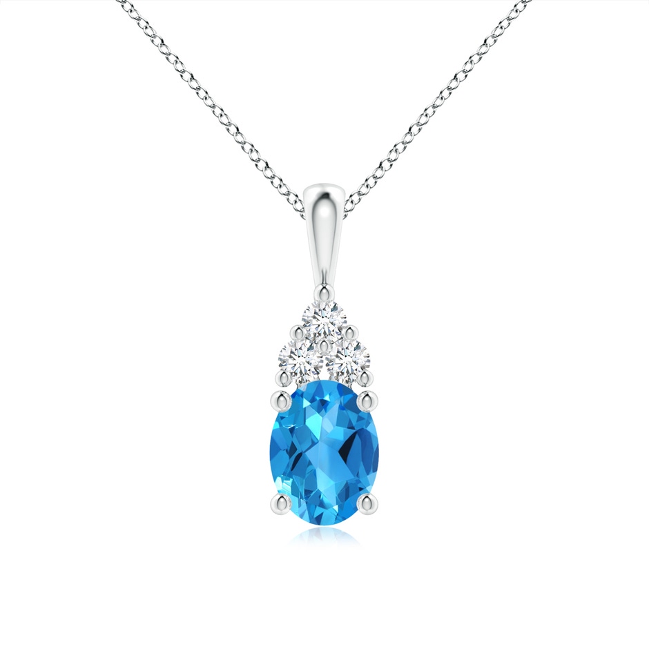 8x6mm AAAA Oval Swiss Blue Topaz Solitaire Pendant with Trio Diamond in White Gold 