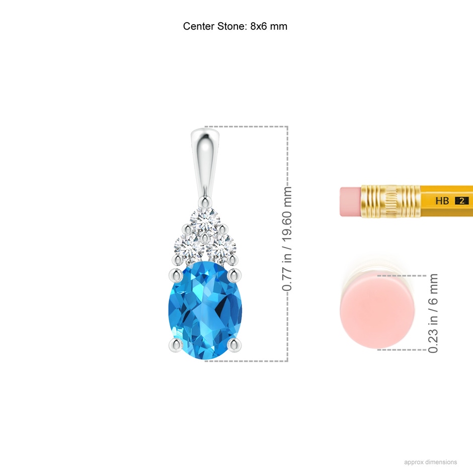 8x6mm AAAA Oval Swiss Blue Topaz Solitaire Pendant with Trio Diamond in White Gold ruler