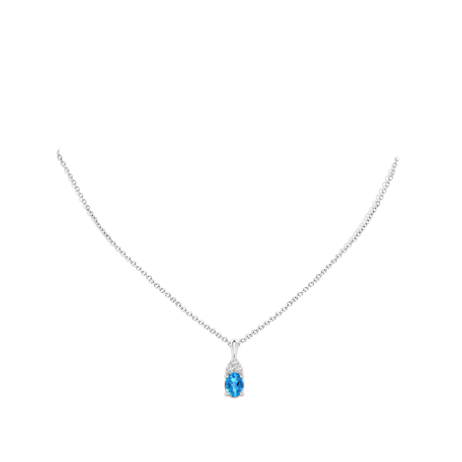 8x6mm AAAA Oval Swiss Blue Topaz Solitaire Pendant with Trio Diamond in White Gold - body_neck