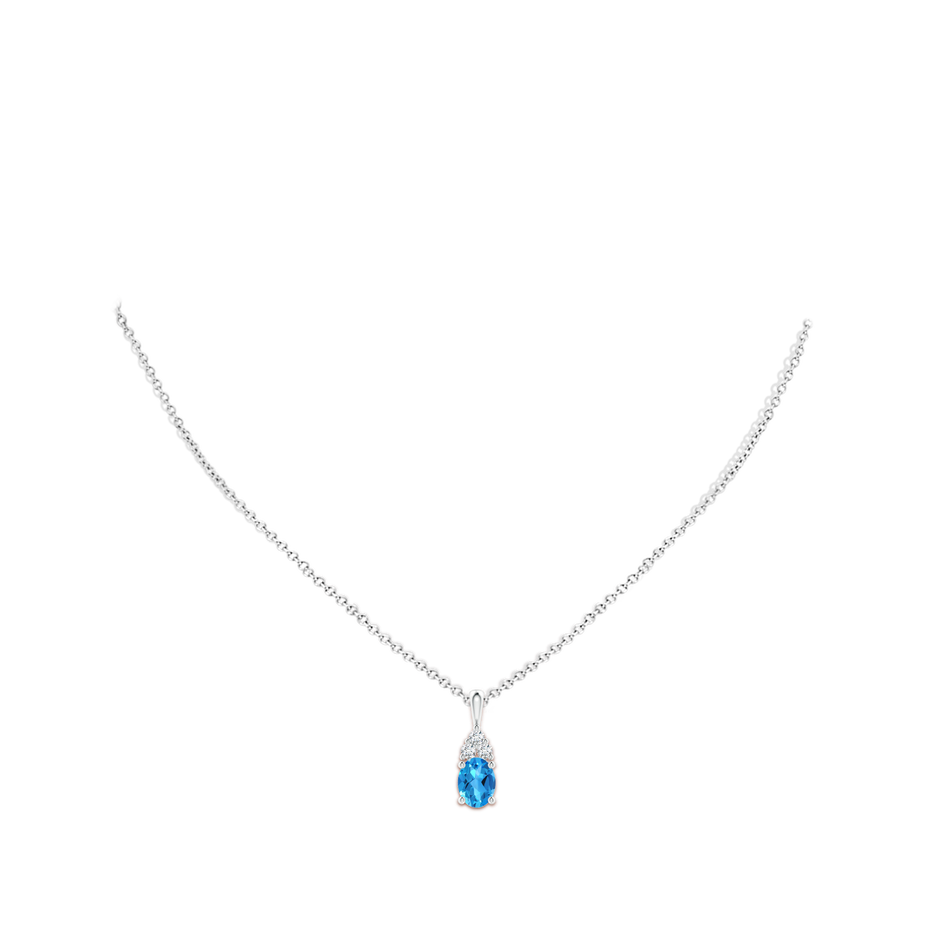 8x6mm AAAA Oval Swiss Blue Topaz Solitaire Pendant with Trio Diamond in White Gold body-neck