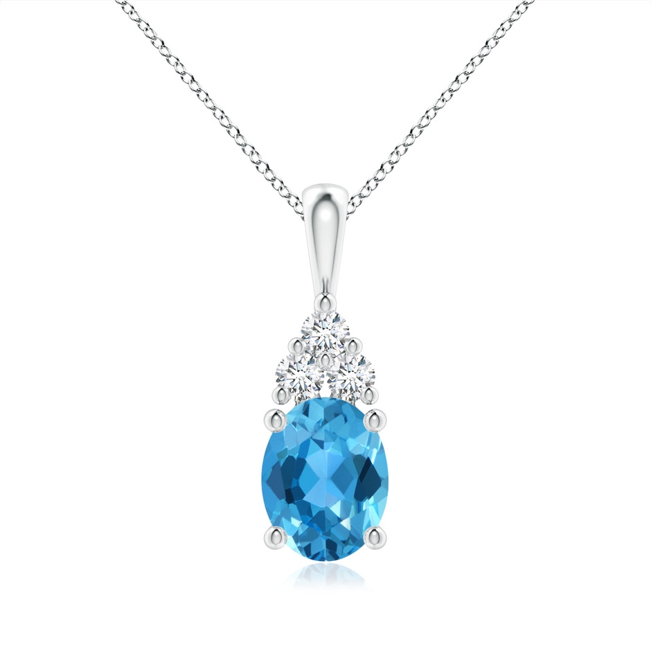 9x7mm AAA Oval Swiss Blue Topaz Solitaire Pendant with Trio Diamond in White Gold 