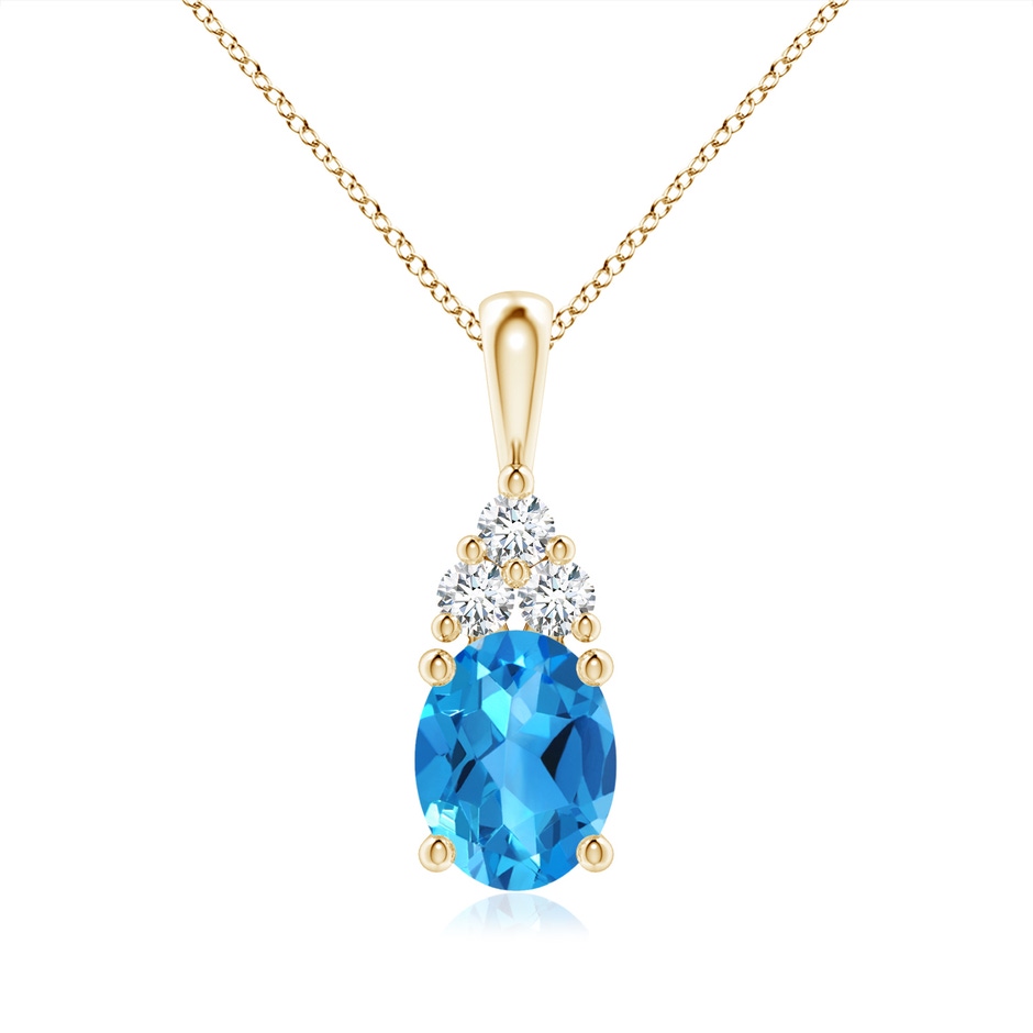 9x7mm AAAA Oval Swiss Blue Topaz Solitaire Pendant with Trio Diamond in Yellow Gold 