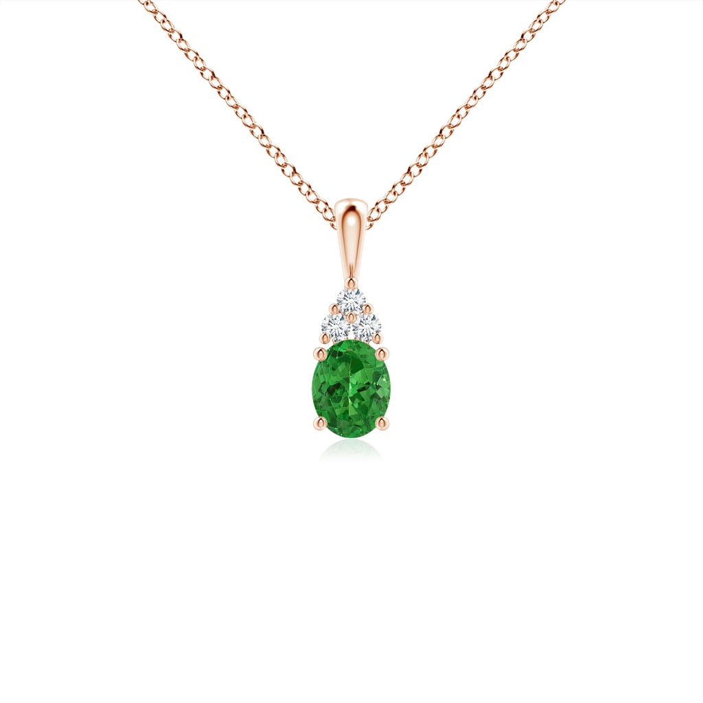 5x4mm AAAA Oval Tsavorite Solitaire Pendant with Trio Diamond in Rose Gold