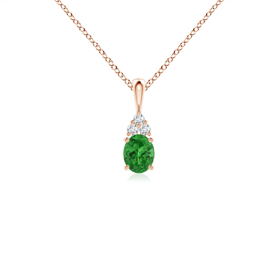 5x4mm AAAA Oval Tsavorite Solitaire Pendant with Trio Diamond in Rose Gold 