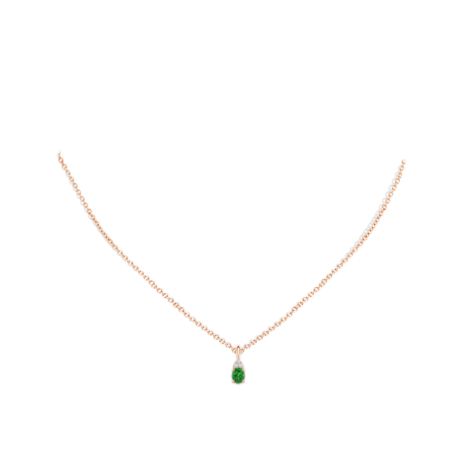 5x4mm AAAA Oval Tsavorite Solitaire Pendant with Trio Diamond in Rose Gold body-neck