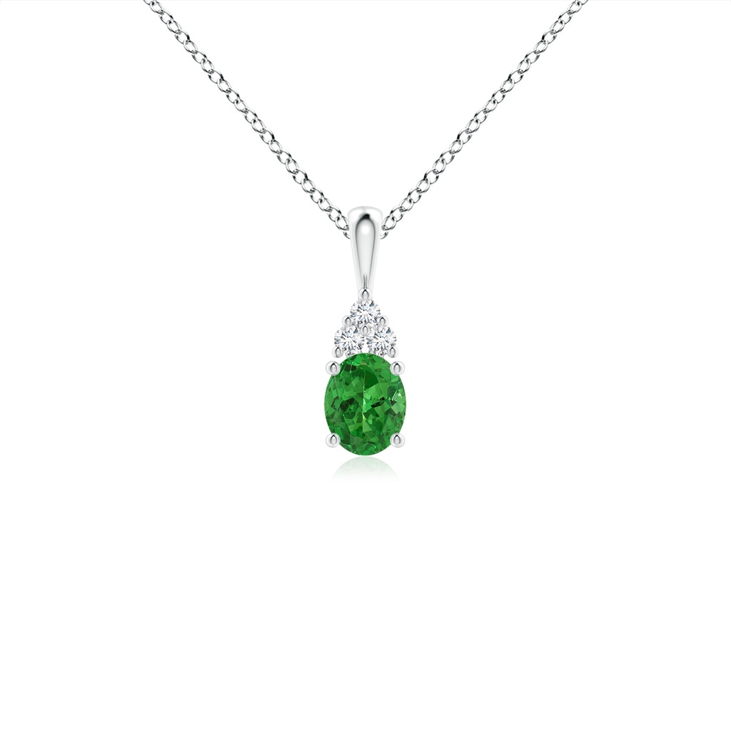 5x4mm AAAA Oval Tsavorite Solitaire Pendant with Trio Diamond in S999 Silver