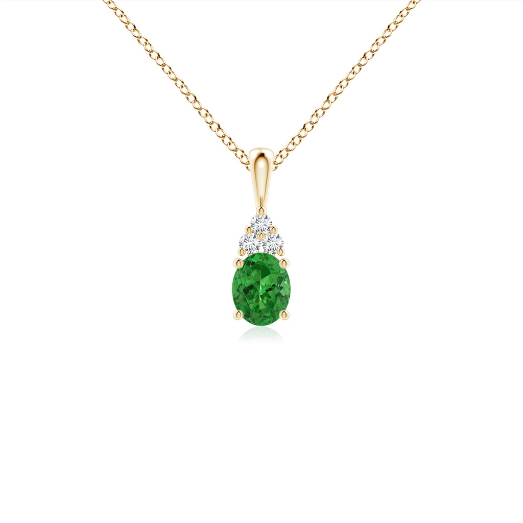 5x4mm AAAA Oval Tsavorite Solitaire Pendant with Trio Diamond in Yellow Gold