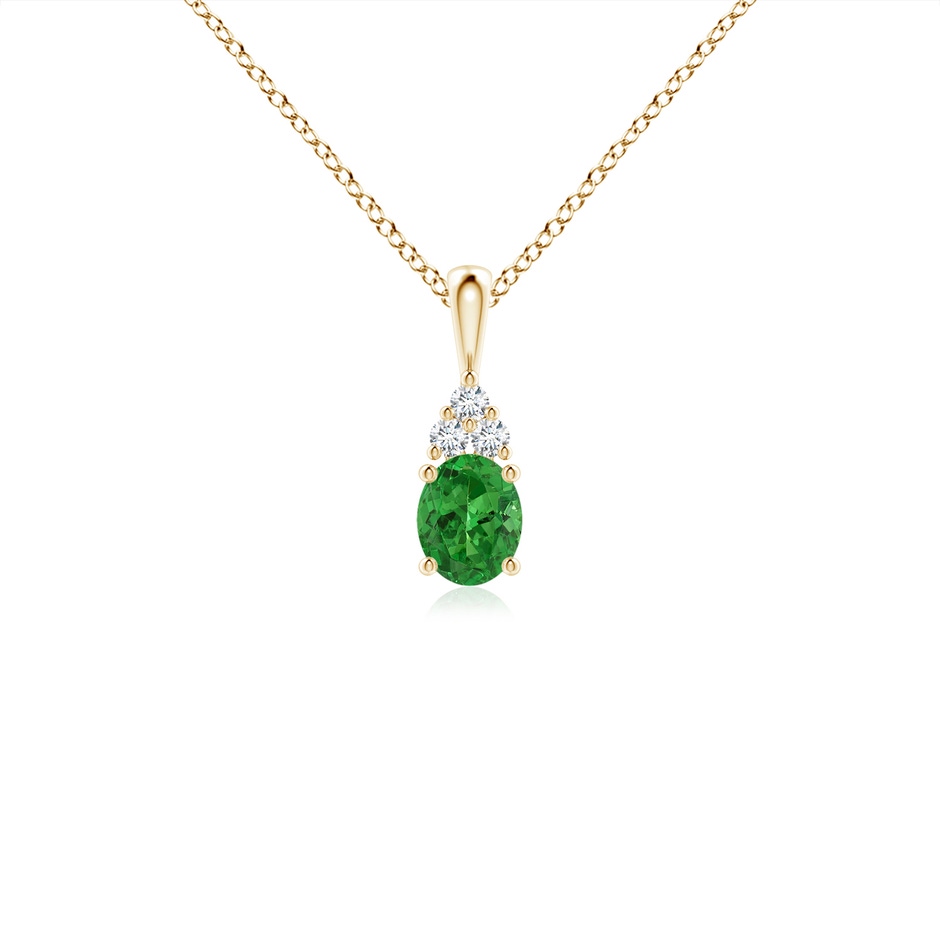 5x4mm AAAA Oval Tsavorite Solitaire Pendant with Trio Diamond in Yellow Gold 