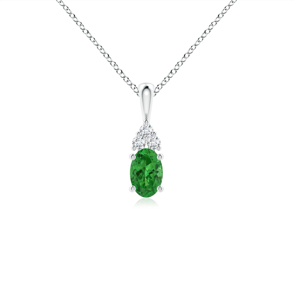 6x4mm AAAA Oval Tsavorite Solitaire Pendant with Trio Diamond in White Gold