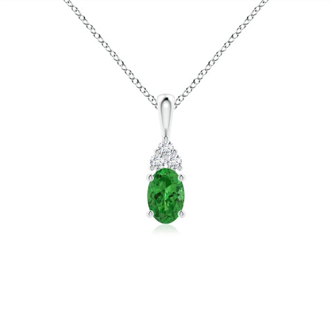 6x4mm AAAA Oval Tsavorite Solitaire Pendant with Trio Diamond in White Gold