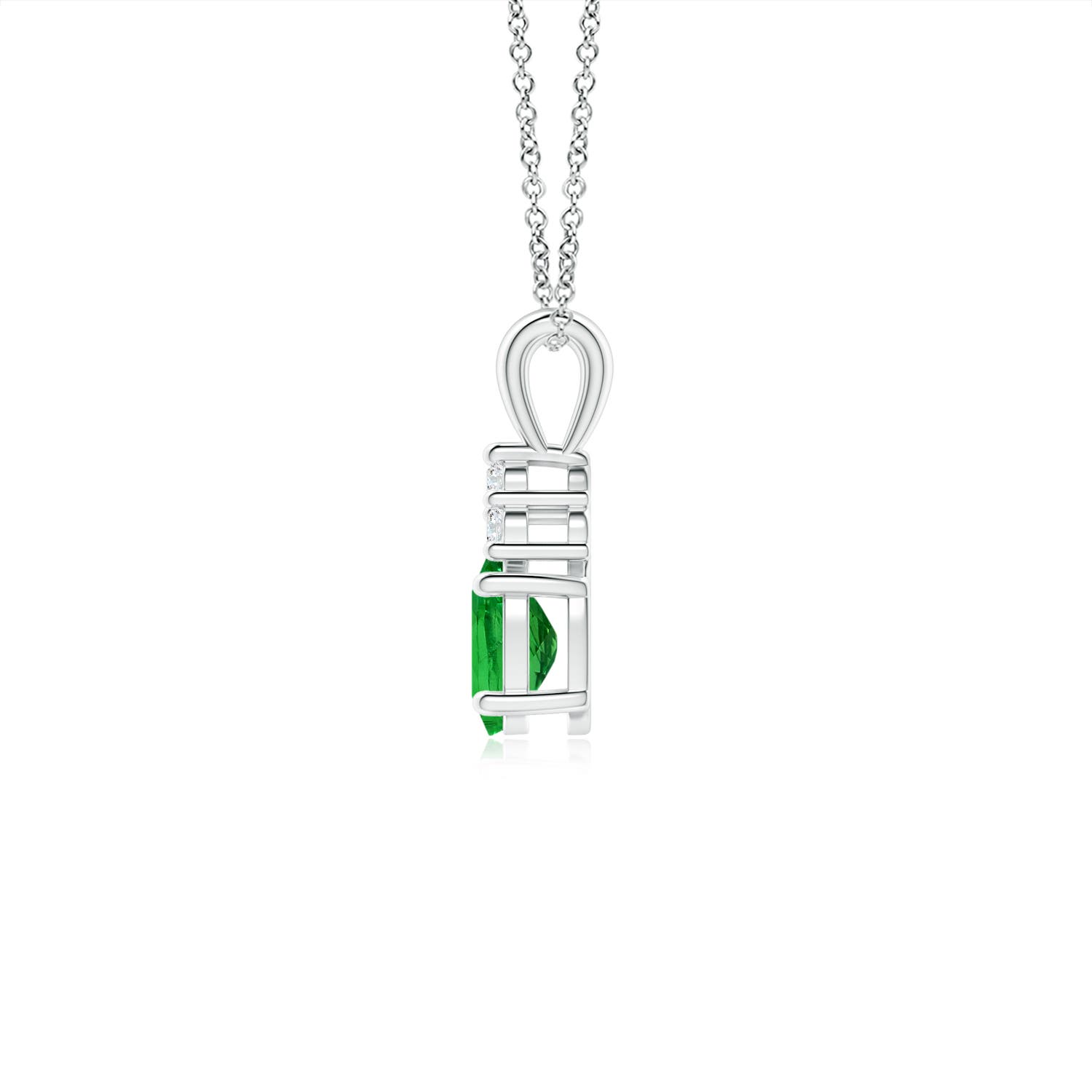6x4mm AAAA Oval Tsavorite Solitaire Pendant with Trio Diamond in White Gold - side 2