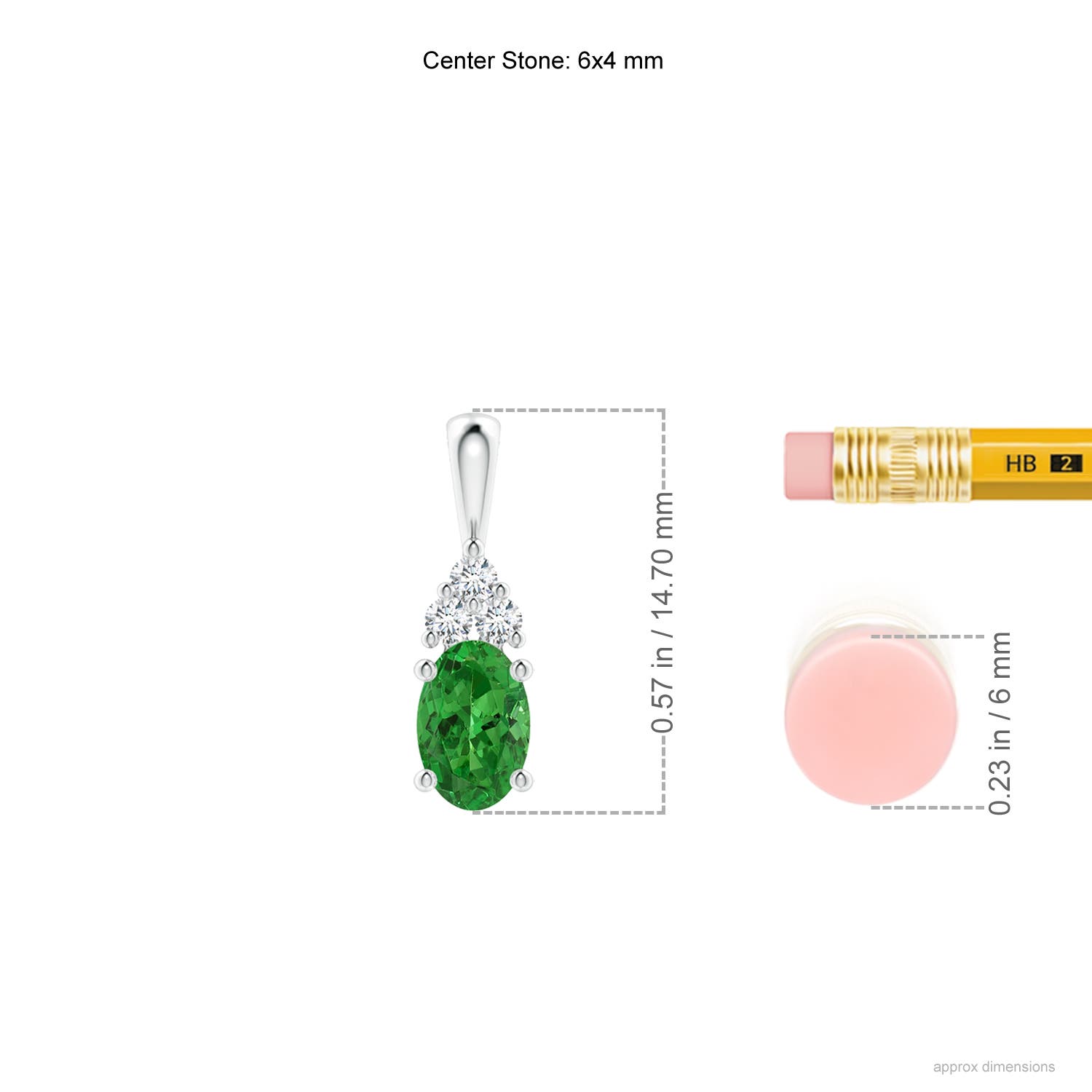 6x4mm AAAA Oval Tsavorite Solitaire Pendant with Trio Diamond in White Gold - ruler