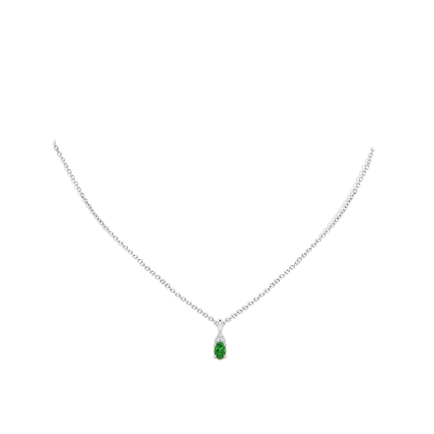 6x4mm AAAA Oval Tsavorite Solitaire Pendant with Trio Diamond in White Gold - body_neck
