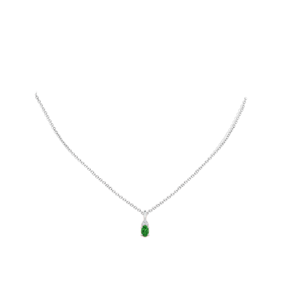 6x4mm AAAA Oval Tsavorite Solitaire Pendant with Trio Diamond in White Gold body-neck