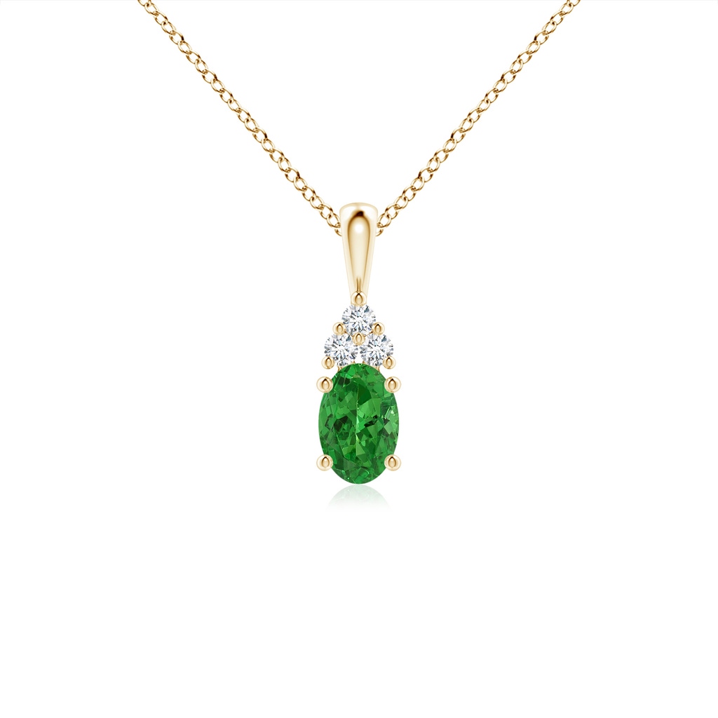 6x4mm AAAA Oval Tsavorite Solitaire Pendant with Trio Diamond in Yellow Gold