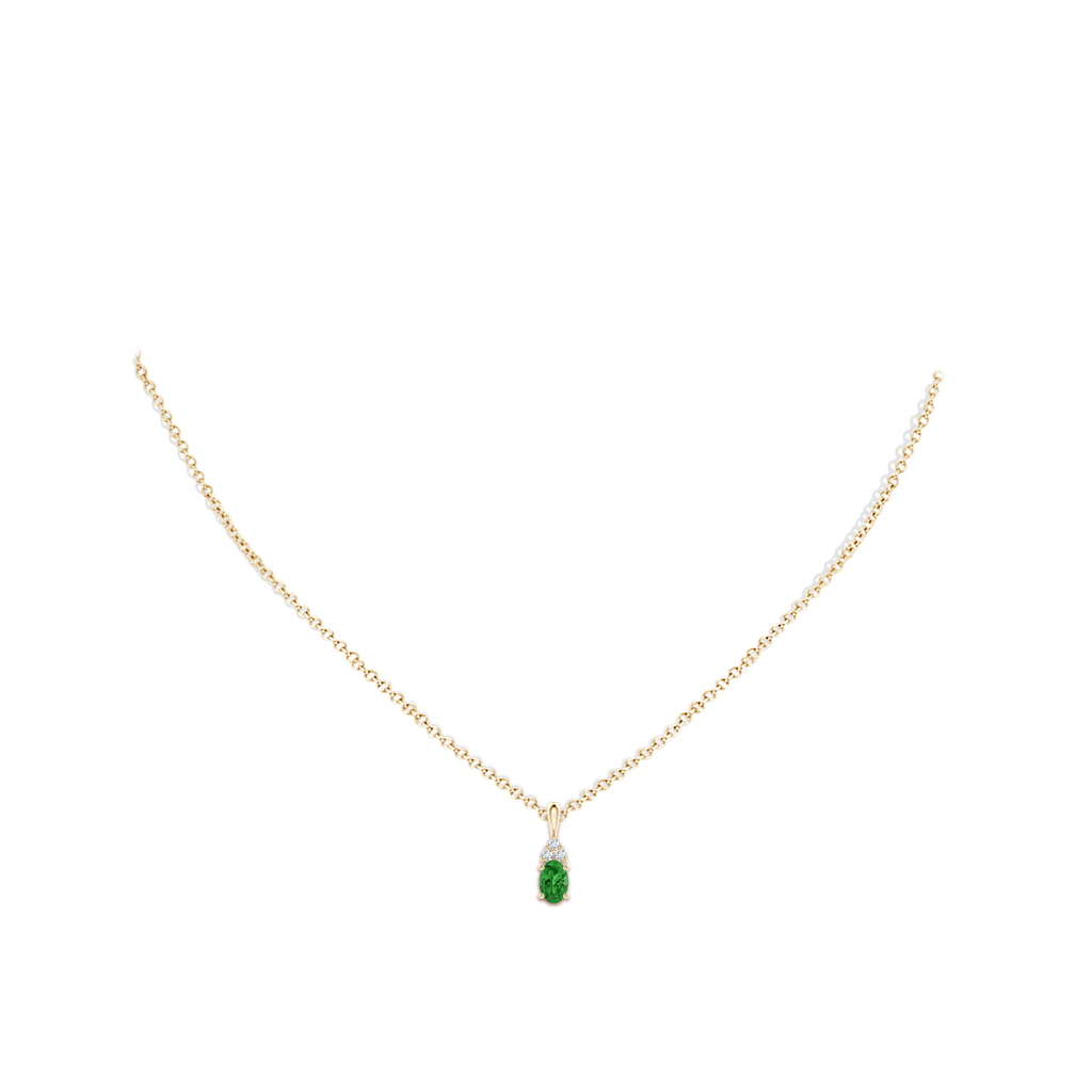 6x4mm AAAA Oval Tsavorite Solitaire Pendant with Trio Diamond in Yellow Gold Body-Neck