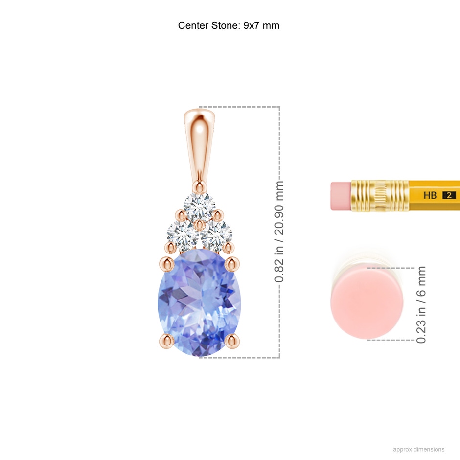 9x7mm A Oval Tanzanite Solitaire Pendant with Trio Diamond in Rose Gold ruler