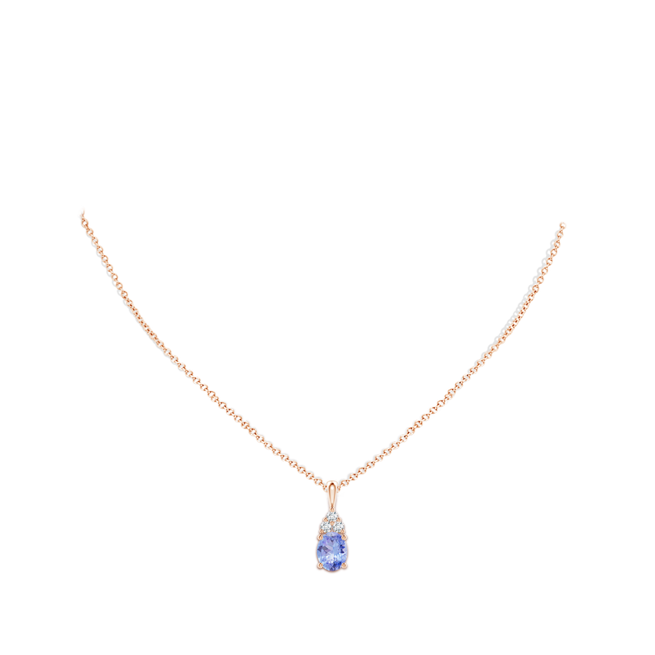9x7mm A Oval Tanzanite Solitaire Pendant with Trio Diamond in Rose Gold body-neck