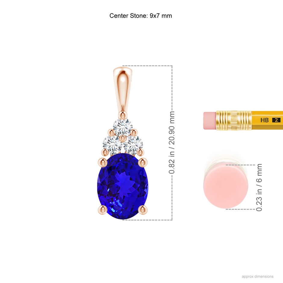 9x7mm AAAA Oval Tanzanite Solitaire Pendant with Trio Diamond in Rose Gold ruler