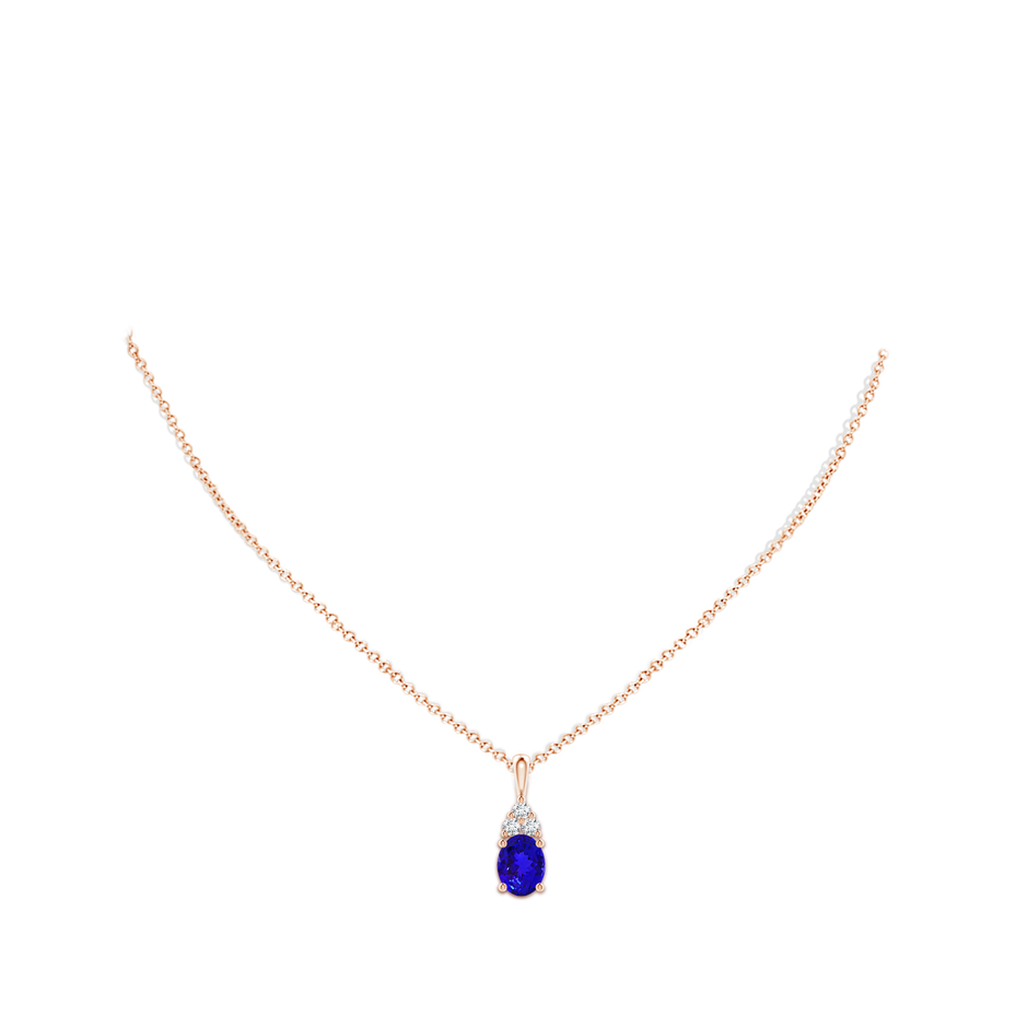 9x7mm AAAA Oval Tanzanite Solitaire Pendant with Trio Diamond in Rose Gold body-neck