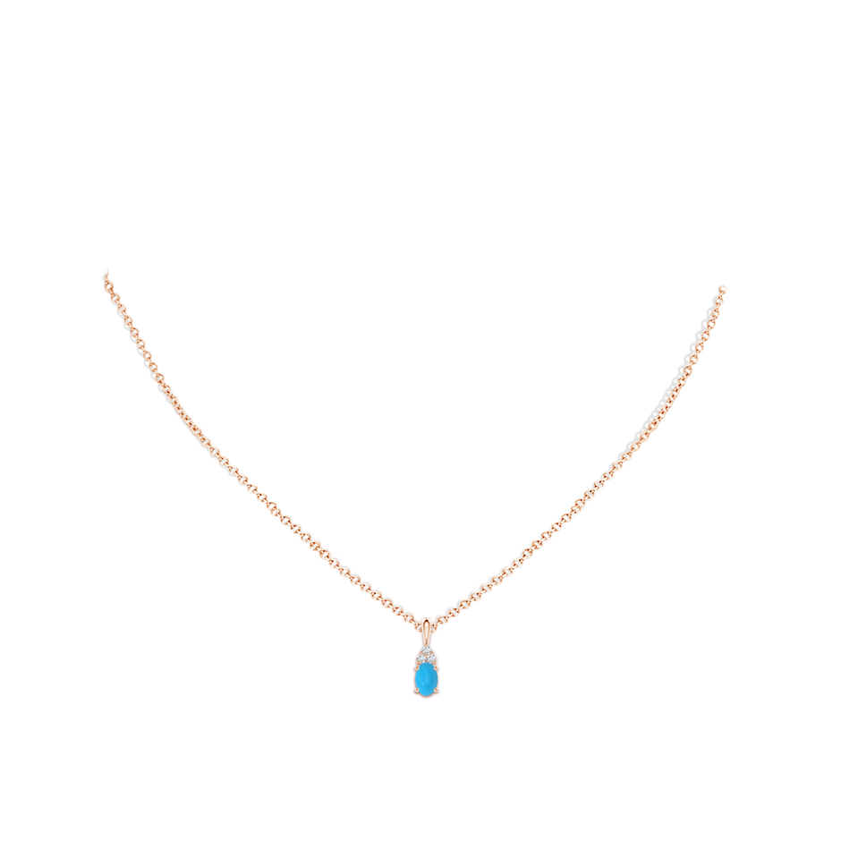 6x4mm AAAA Oval Turquoise Solitaire Pendant with Trio Diamond in Rose Gold body-neck